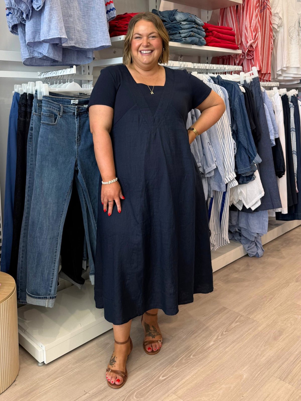 Image of Dresses. Product name - Le Marais Linen Midi Dress Navy in Navy colour by brand - Gordon Smith