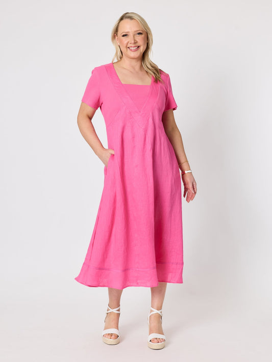Image of Dresses. Product name - Le Marais Linen Midi Dress Raspberry in Raspberry colour by brand - Gordon Smith