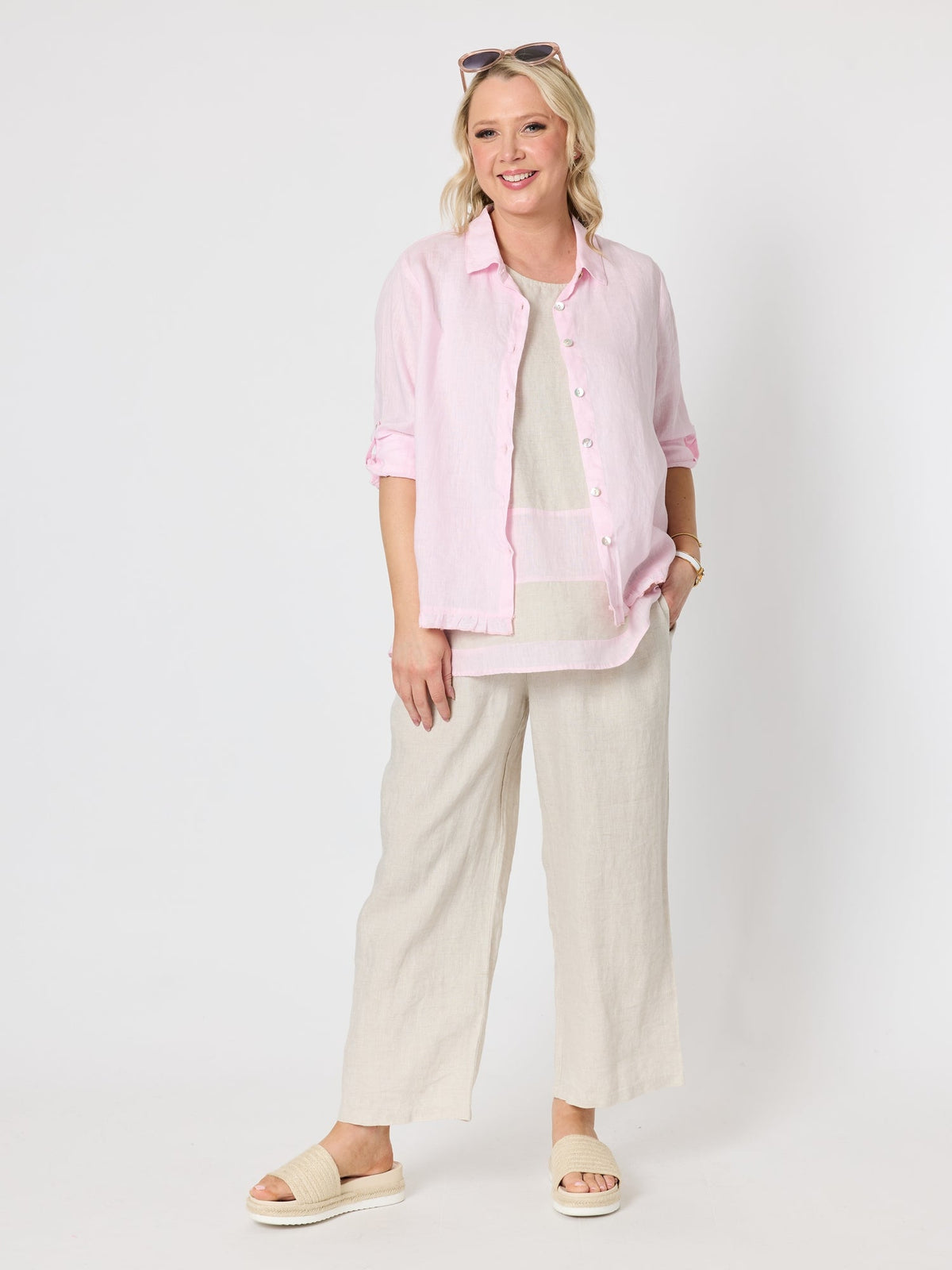 Gordon Smith Milly Ruffle Hem Linen Shirt (Pale Pink)