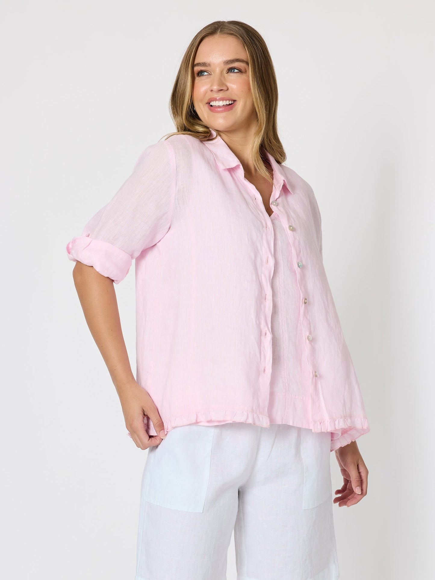 Image of Shirts. Product name - Milly Ruffle Hem Linen Shirt Pale Pink in Pale Pink colour by brand - Gordon Smith