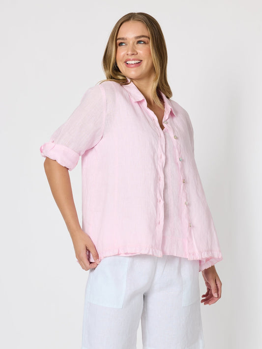 Image of Shirts. Product name - Milly Ruffle Hem Linen Shirt Pale Pink in Pale Pink colour by brand - Gordon Smith