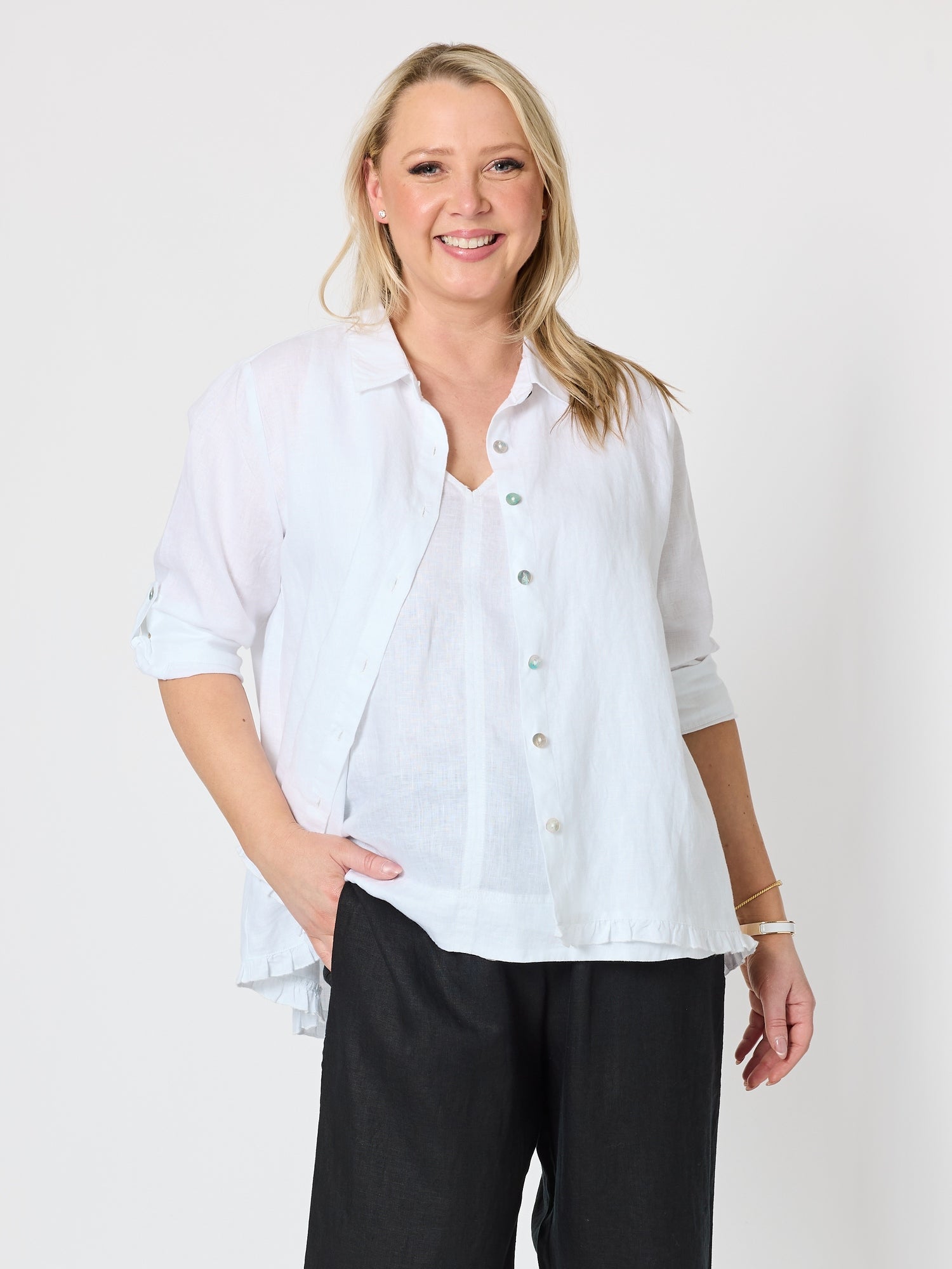Image of Shirts. Product name - Milly Ruffle Hem Linen Shirt White in White colour by brand - Gordon Smith