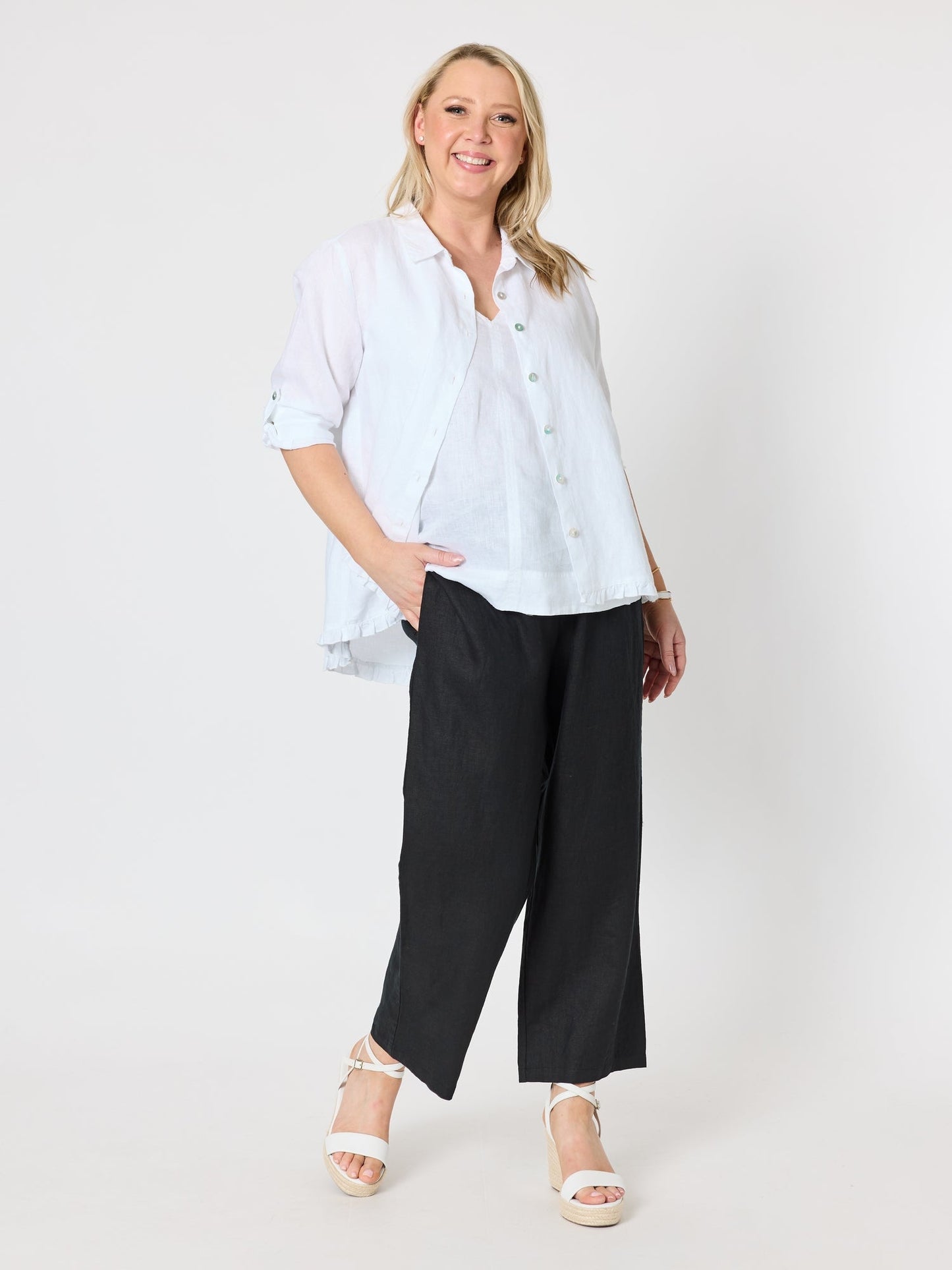 Gordon Smith Milly Ruffle Hem Linen Shirt (White)