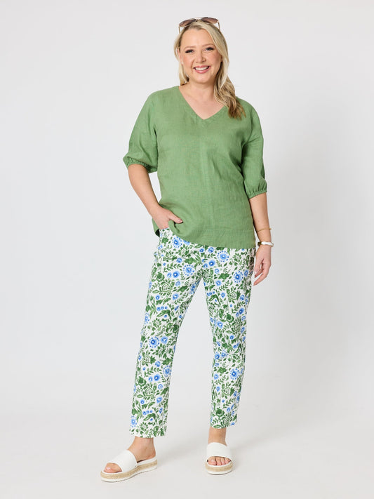 Gordon Smith Anna V-neck Linen Top (Fern)
