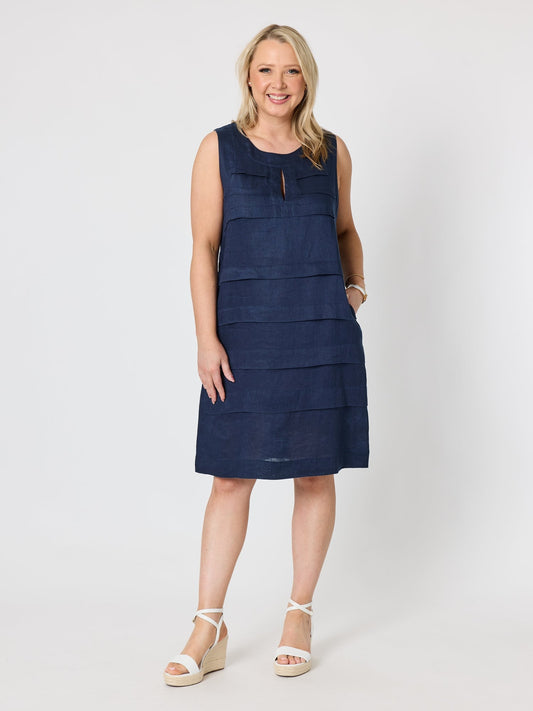Image of Dresses. Product name - Amalfi Sleeveless Linen Dress Navy in Navy colour by brand - Gordon Smith