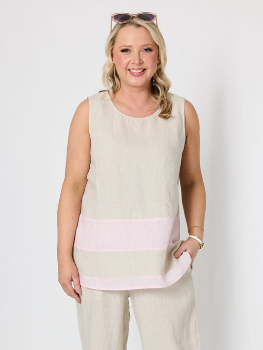 Image of a model wearing Tops. Product name - Chloe Contrast Linen Top Natural Pale Pink in Natural Pale Pink colour by brand - Gordon Smith