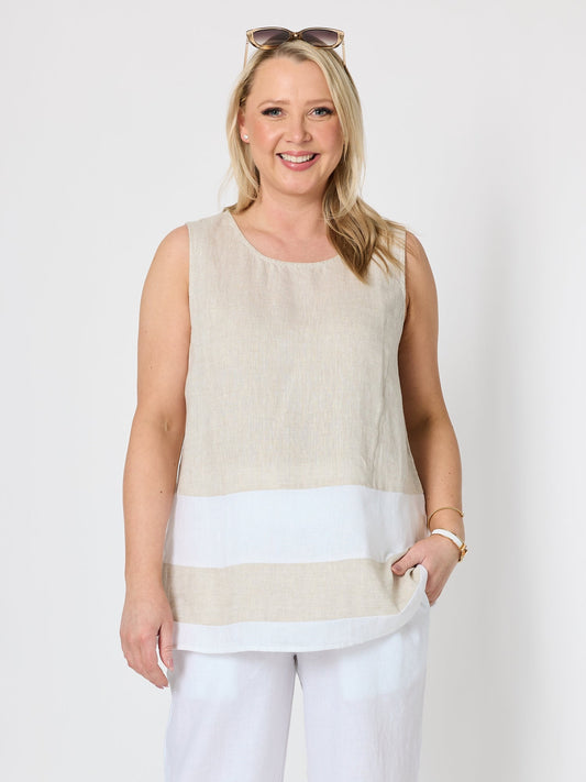 Image of a model wearing Tops. Product name - Chloe Contrast Linen Top Natural White in Natural White colour by brand - Gordon Smith