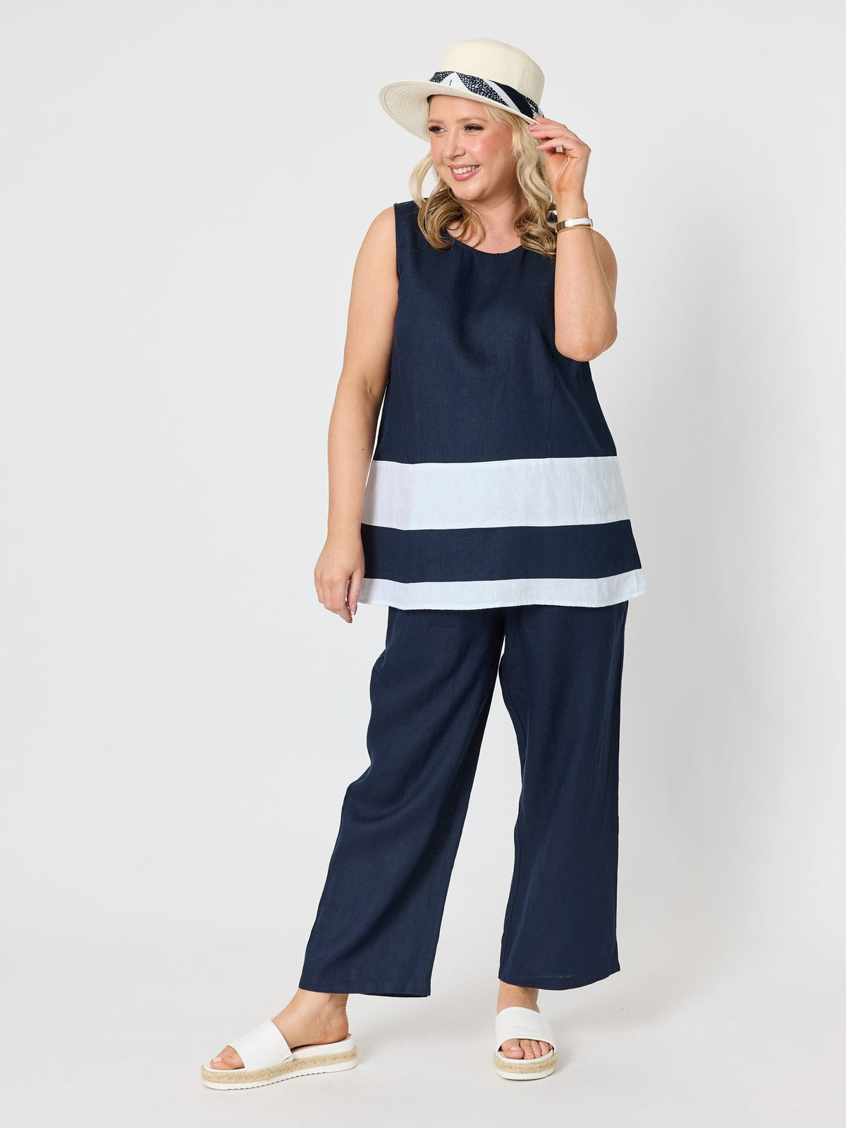 Gordon Smith Chloe Contrast Linen Top (Navy/White)