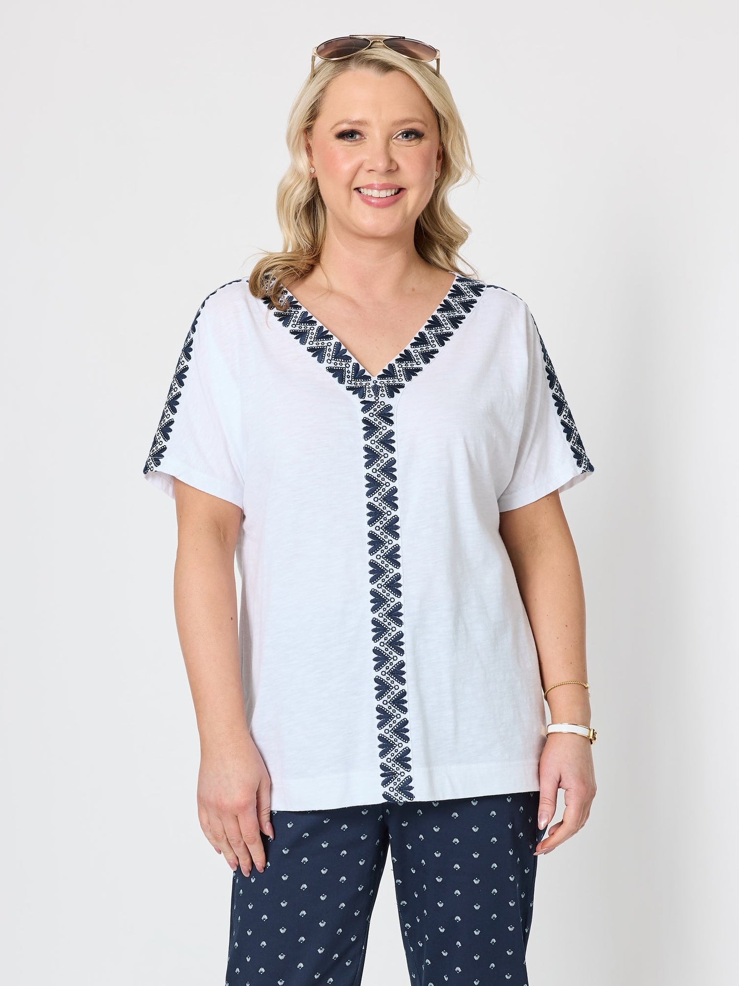 Image of T-Shirts. Product name - Embroidered Chevron Cotton T-shirt White/Navy in White/Navy colour by brand - Gordon Smith