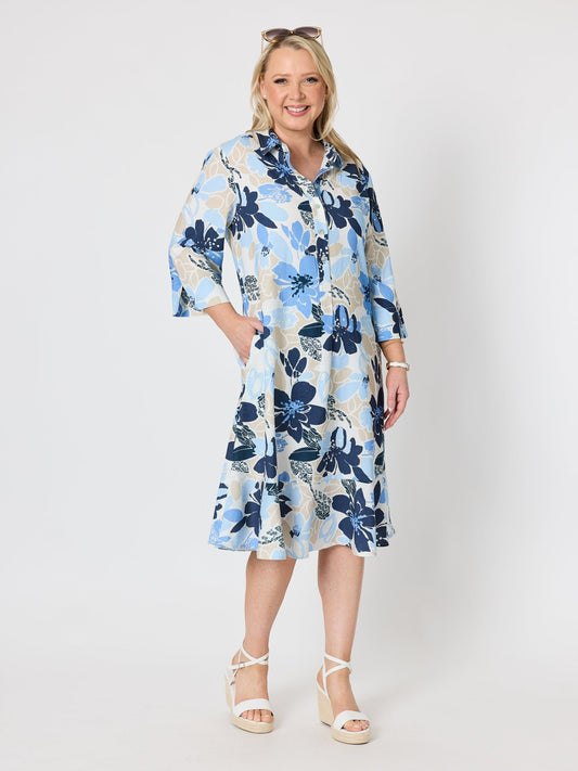 Image of Dresses. Product name - Amalfi Floral Rose Print Dress Cornflower Multi in Cornflower Multi colour by brand - Gordon Smith