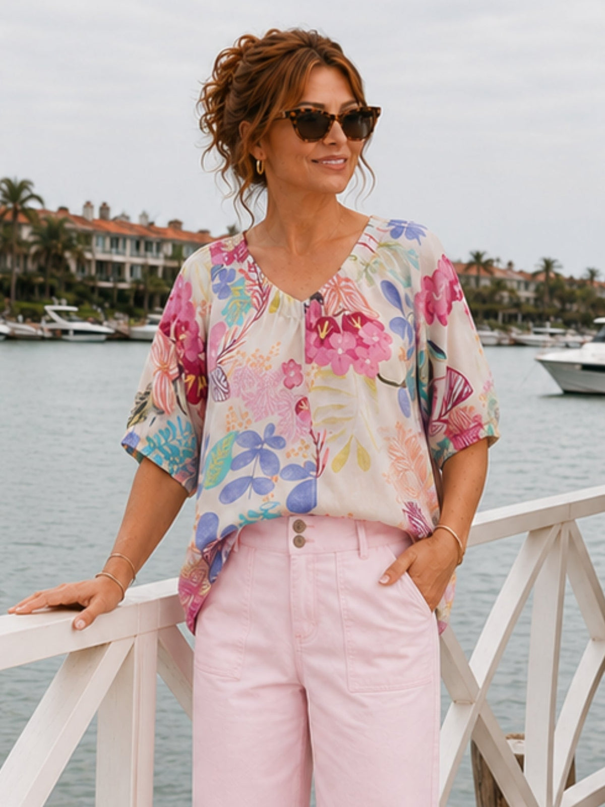Image of a model wearing Tops. Product name - Desert Rose Floral Print Top Pink/Multi in Pink/Multi colour by brand - Gordon Smith