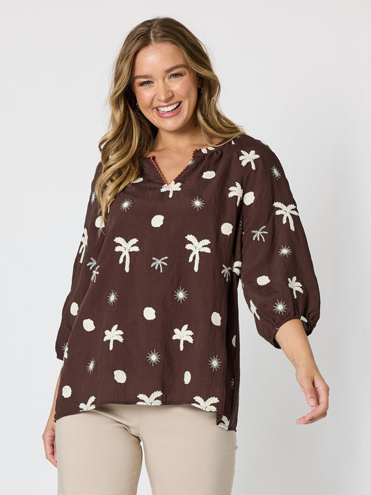 Image of a model wearing Tops. Product name - Canopy Embroidered Top Coffee in Coffee colour by brand - Threadz