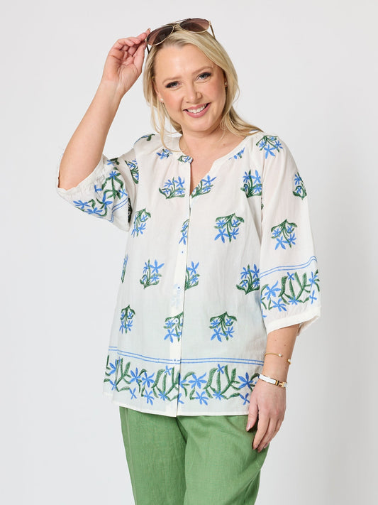 Image of a model wearing Tops. Product name - Florida Floral Embroidered Top White Multi in White Multi colour by brand - Gordon Smith