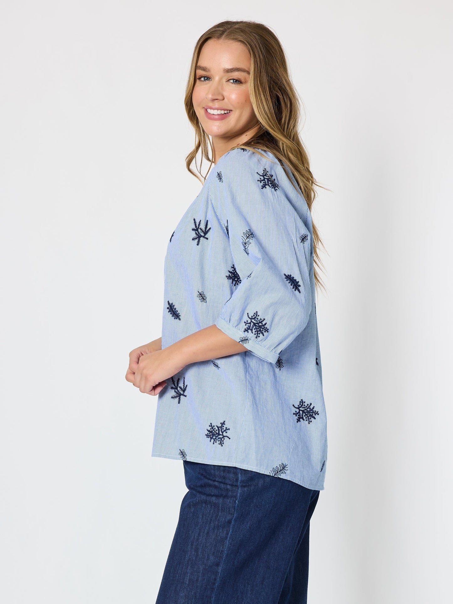 Threadz Botanica Embroidered Floral Shirt (Navy/White)