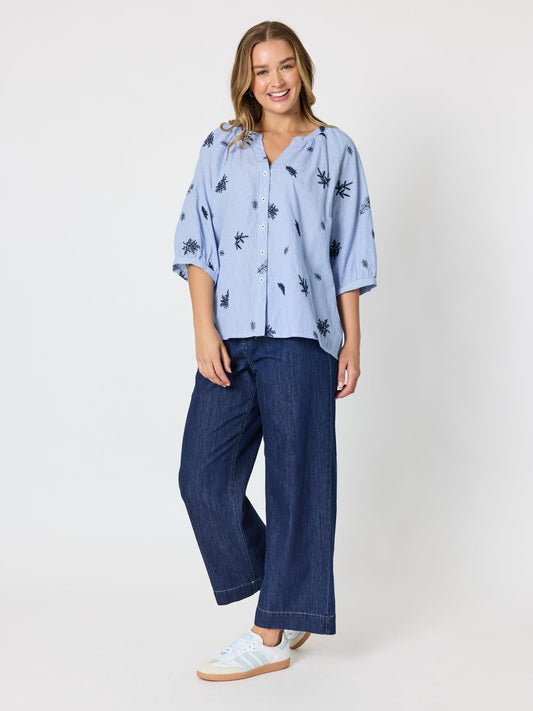 Threadz Botanica Embroidered Floral Shirt (Navy/White)