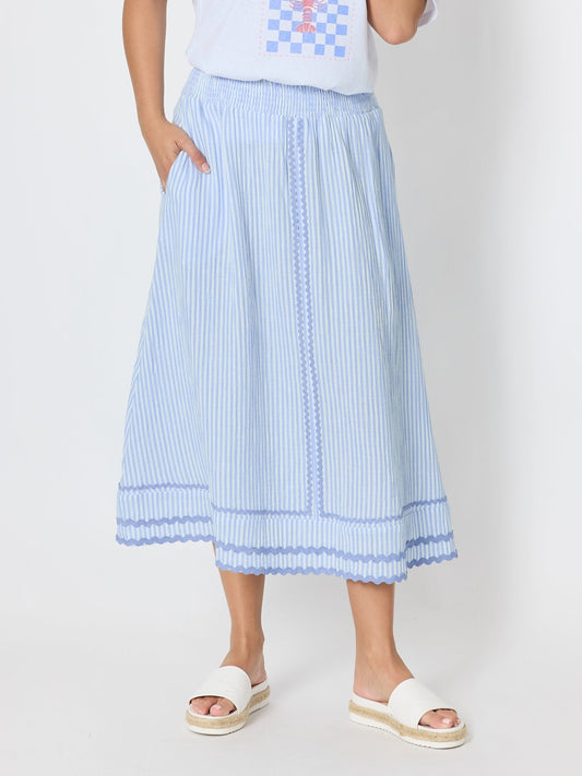 Image of a model wearing Skirts. Product name - Surfside Stripe Print Skirt Blue/White in Blue/White colour by brand - Threadz