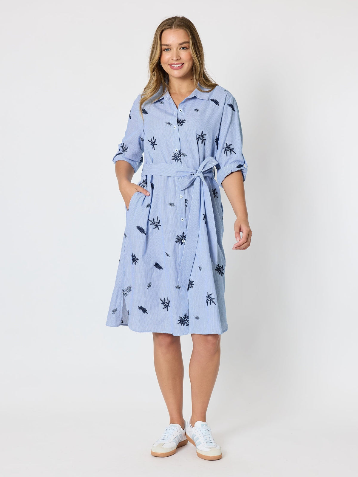 Image of Dresses. Product name - Botanica Floral Embroidered Shirt Dress Navy/White in Navy/White colour by brand - Threadz