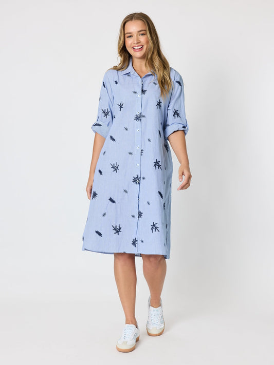 Threadz Botanica Floral Embroidered Shirt Dress (Navy/White)