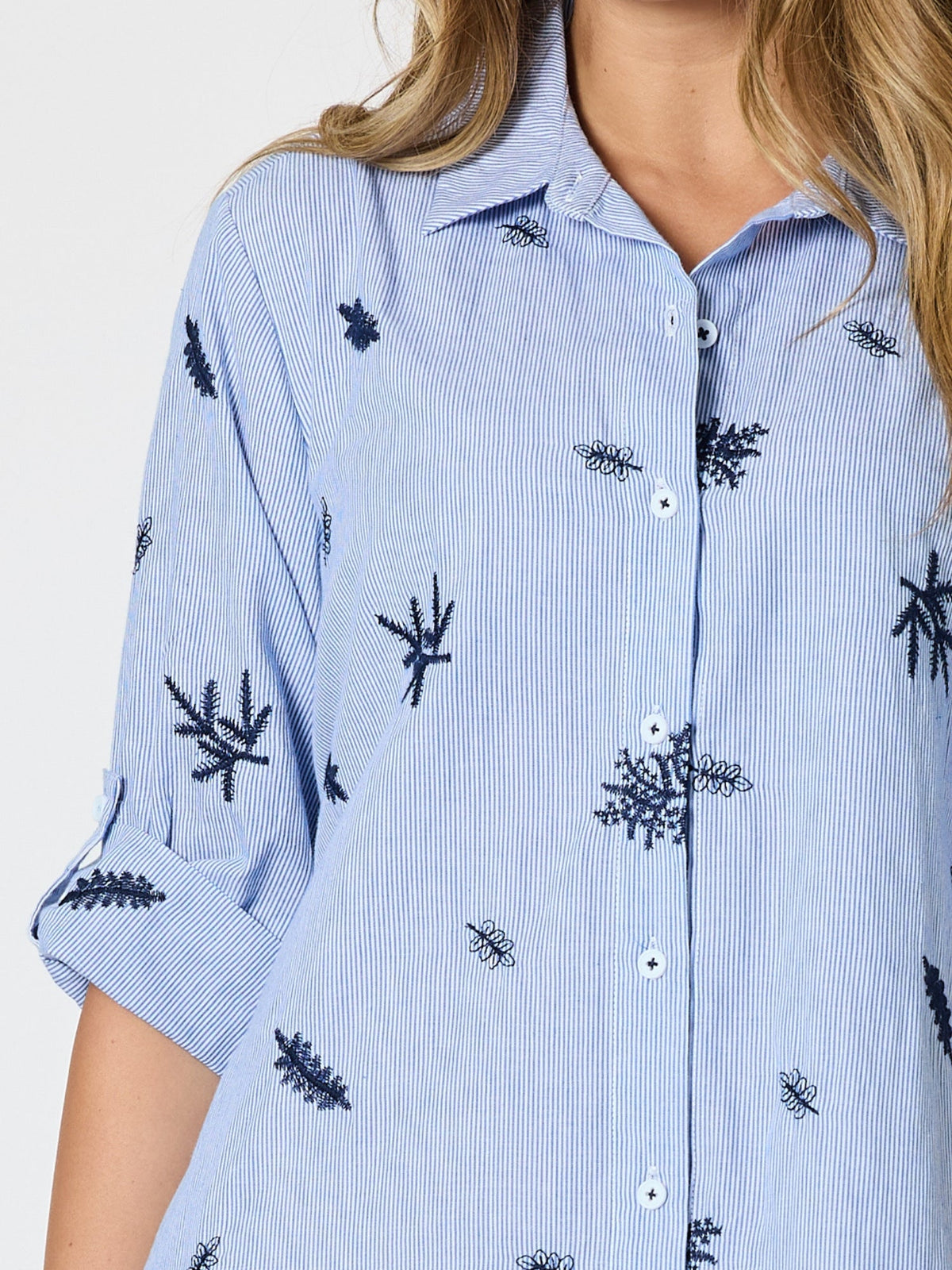 Threadz Botanica Floral Embroidered Shirt Dress (Navy/White)