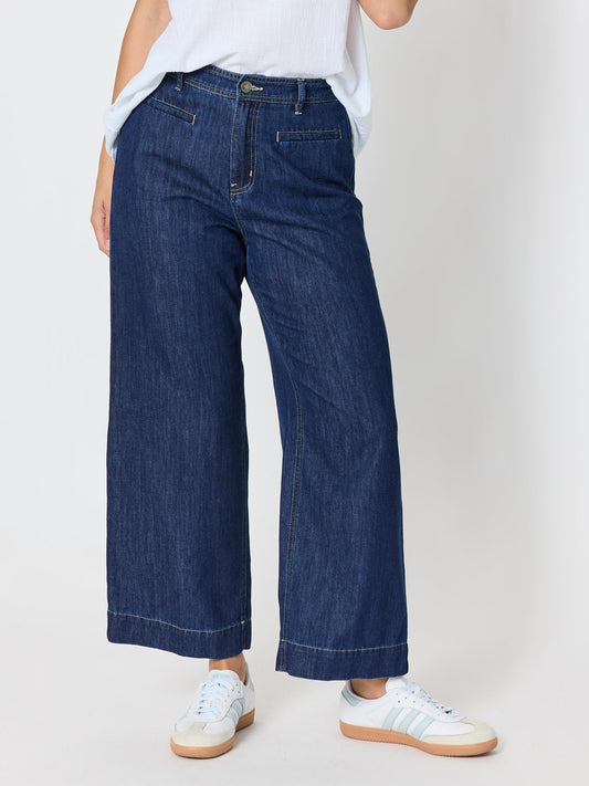 Image of a model wearing Pants. Product name - Urban Denim Cropped Pant Dark Denim in Dark Denim colour by brand - Threadz