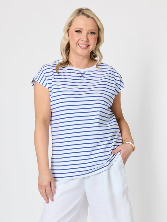 Image of T-Shirts. Product name - Dockside Stripe Stud Tee Azure White in Azure White colour by brand - Gordon Smith