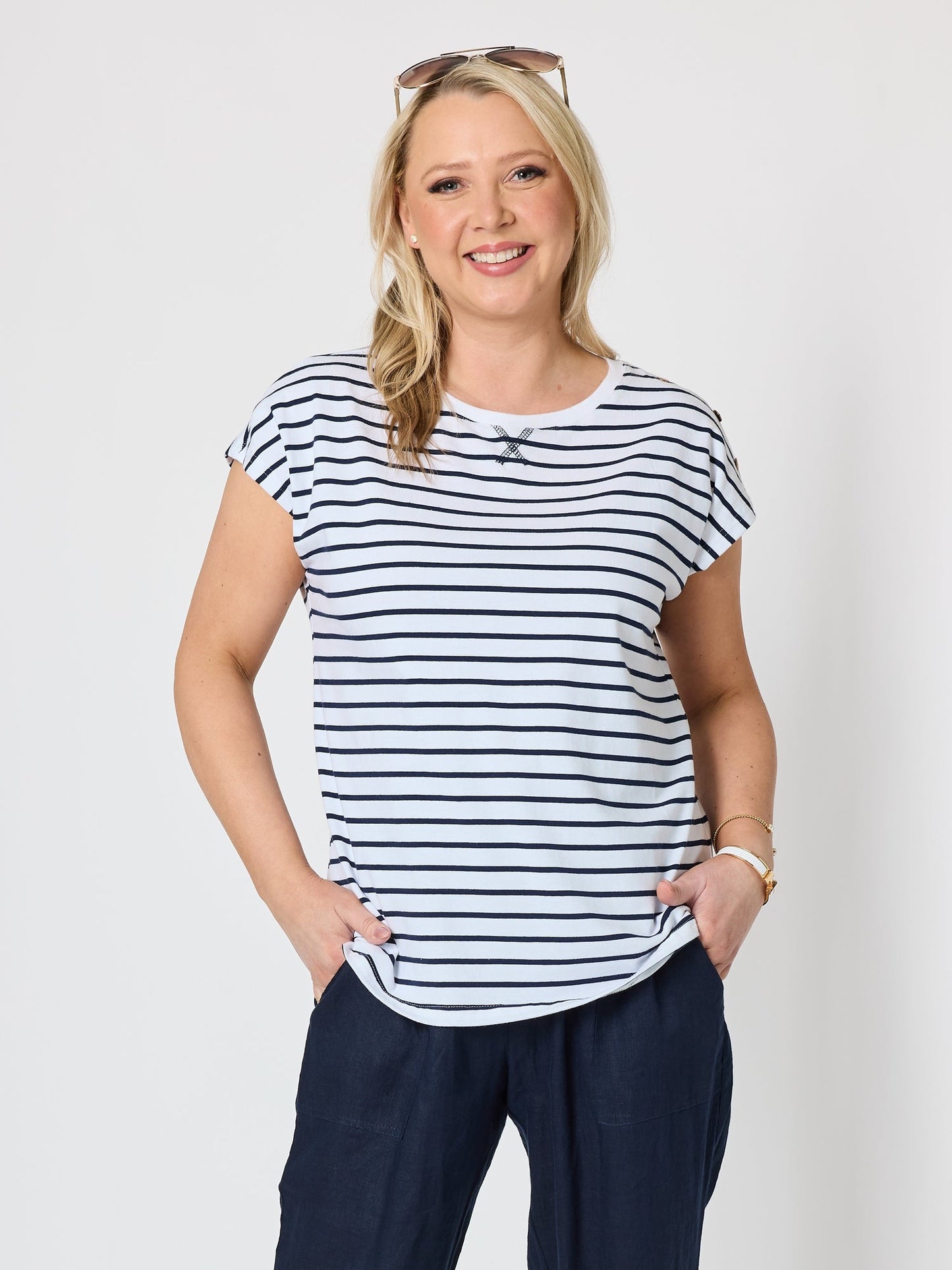 Image of T-Shirts. Product name - Dockside Stripe Stud Tee Navy/White in Navy/White colour by brand - Gordon Smith