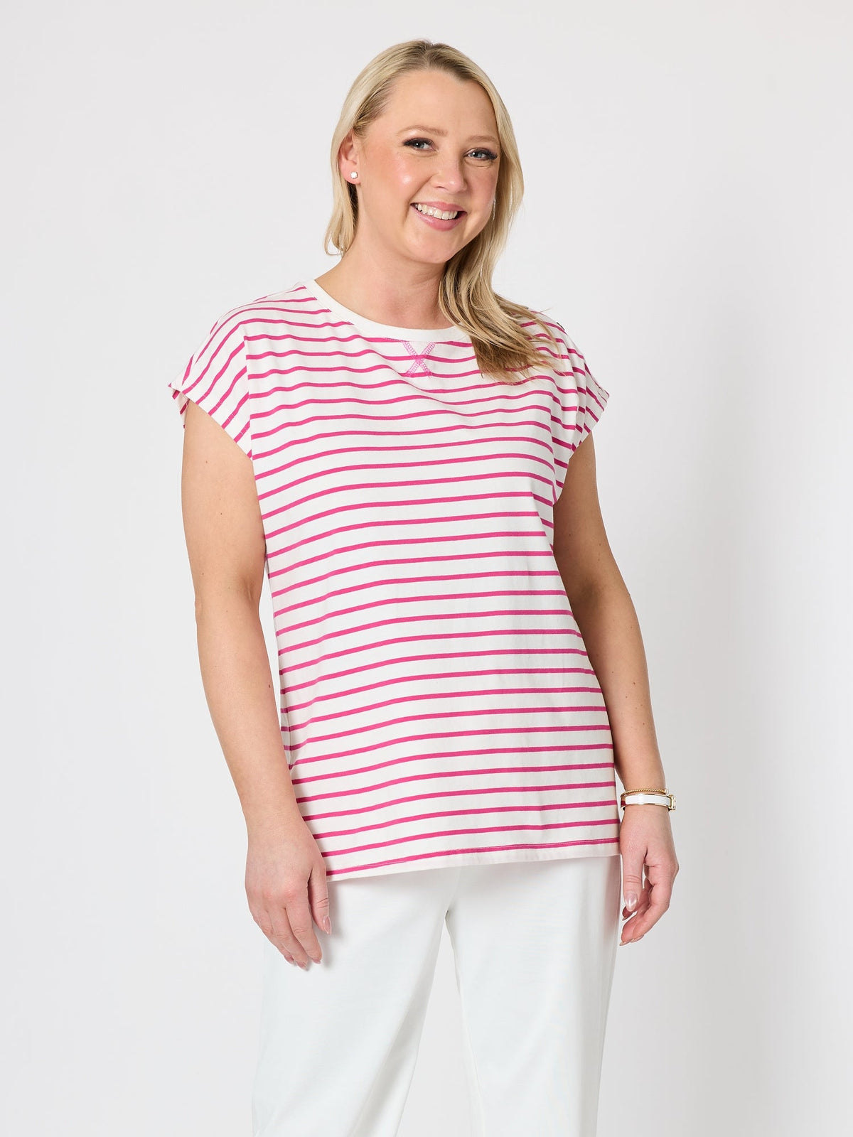 Image of T-Shirts. Product name - Dockside Stripe Stud Tee Raspberry White in Raspberry White colour by brand - Gordon Smith