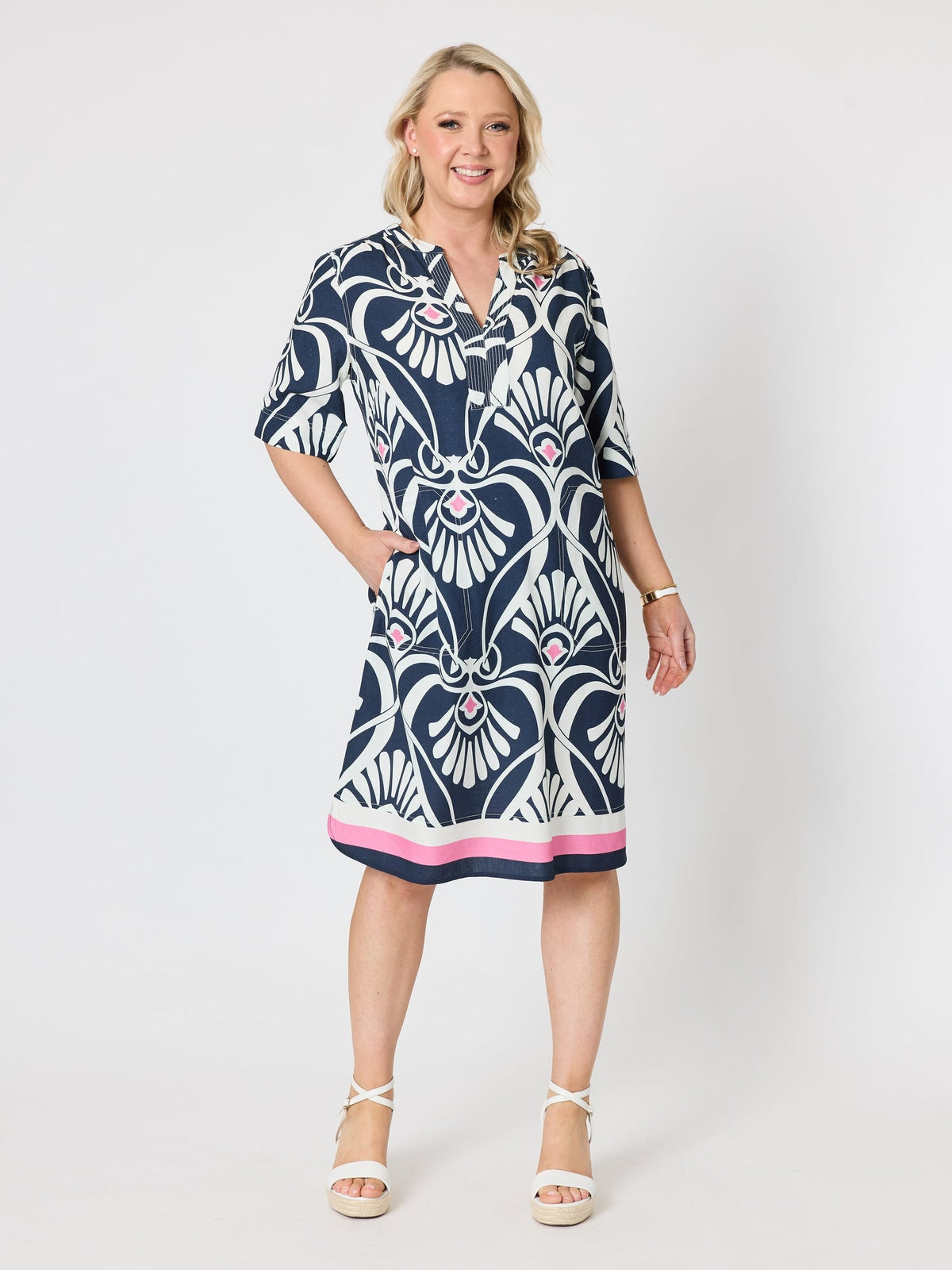Image of Dresses. Product name - Riviera Print Dress Navy/White in Navy/White colour by brand - Gordon Smith