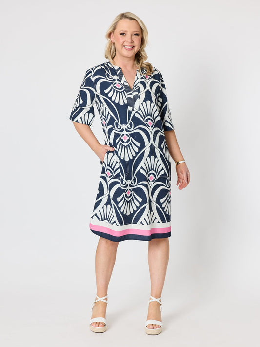Image of Dresses. Product name - Riviera Print Dress Navy/White in Navy/White colour by brand - Gordon Smith