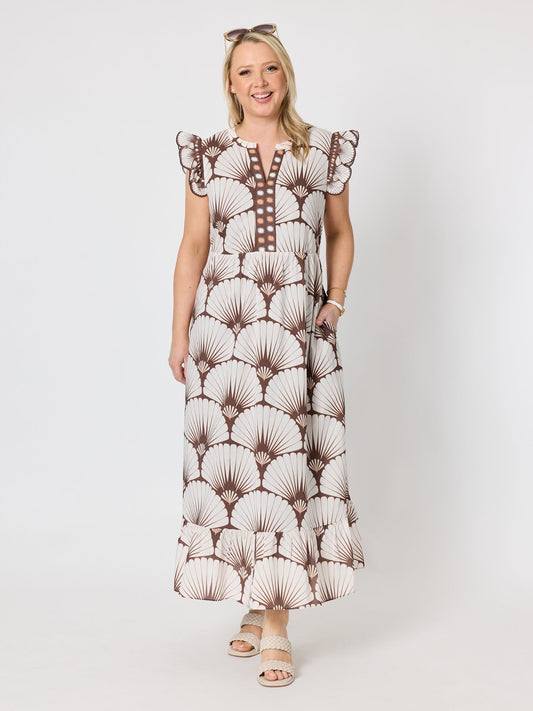 Image of Dresses. Product name - Tuscan Print Cotton Maxi Dress Coffee Multi in Coffee Multi colour by brand - Gordon Smith