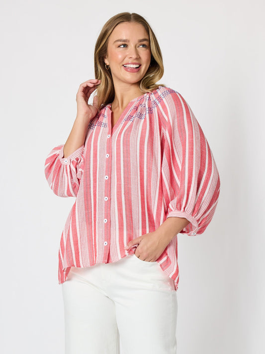 Image of a model wearing Tops. Product name - Seaport Embroidered Stripe Top Red White in Red White colour by brand - Threadz