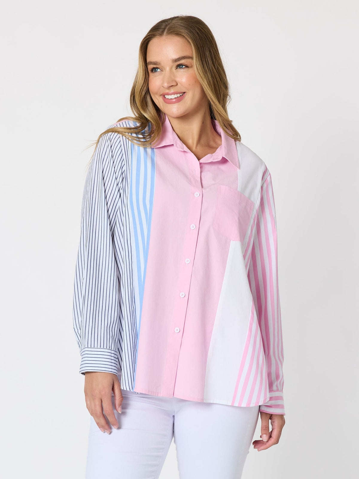 Image of Shirts. Product name - Miramar Stripe Print Shirt Lipstick Multi in Lipstick Multi colour by brand - Threadz