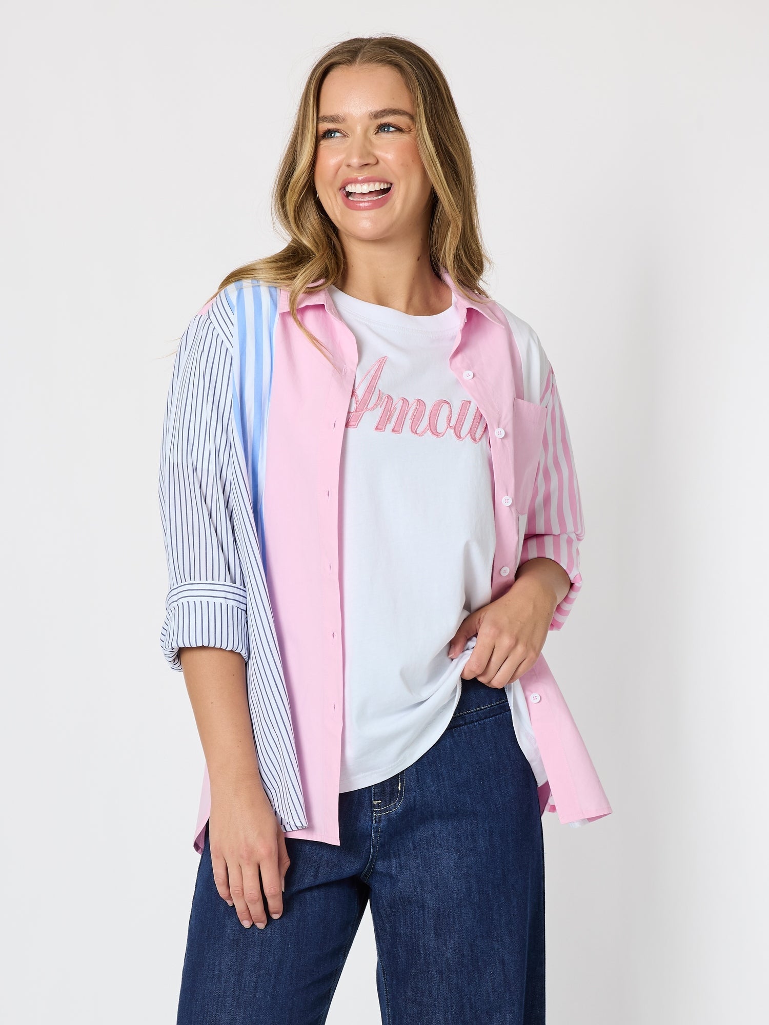 Image of Shirts. Product name - Miramar Stripe Print Shirt Lipstick Multi in Lipstick Multi colour by brand - Threadz