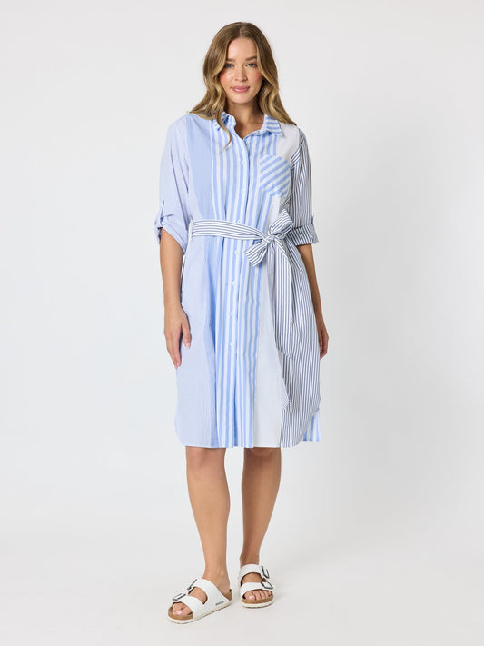 Image of Dresses. Product name - Miramar Stripe Print Shirt Dress Blue/White in Blue/White colour by brand - Threadz