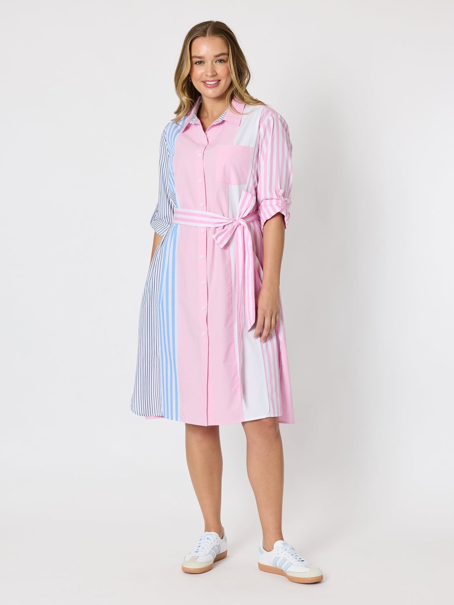 Image of Dresses. Product name - Miramar Stripe Print Shirt Dress Lipstick Multi in Lipstick Multi colour by brand - Threadz