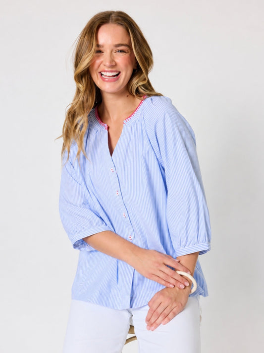 Image of a model wearing Tops. Product name - Laguna Stripe Print Top Blue/White in Blue/White colour by brand - Threadz