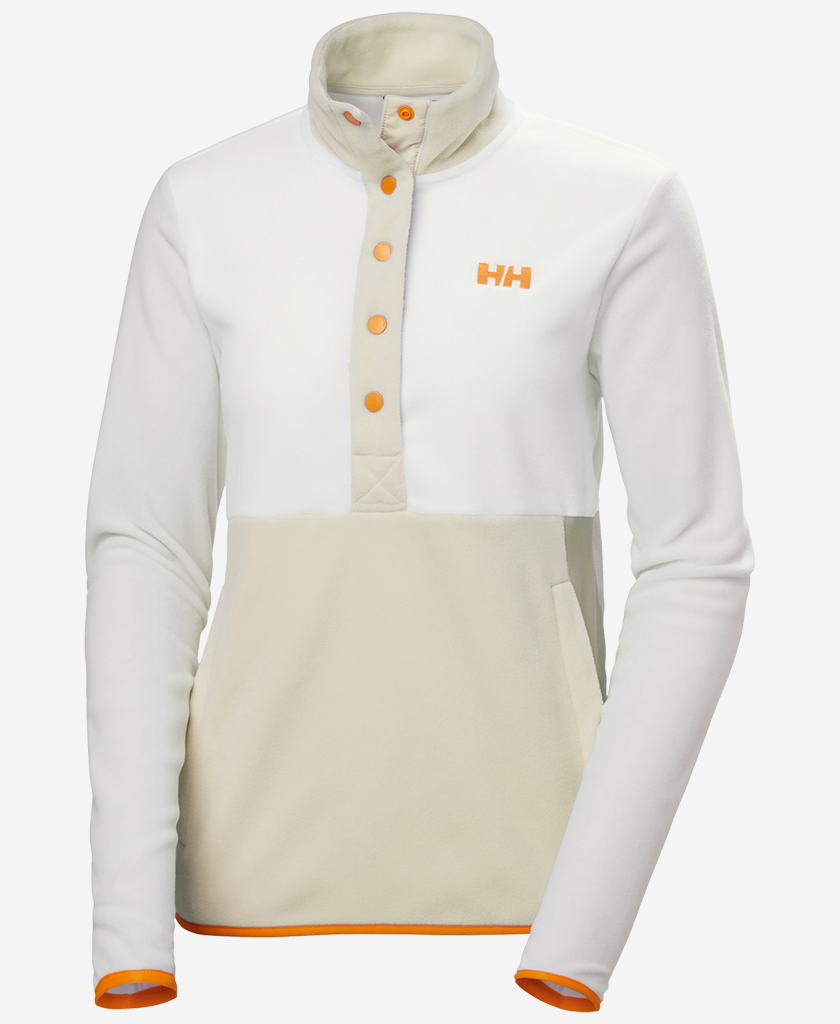 Image of a model wearing Outerwear. Product name - W DAYBREAKER SNAP PULLOVER, Snow in Snow colour by brand - Helly Hansen
