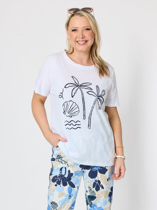 Image of T-Shirts. Product name - Amalfi Shell Beaded Cotton Tee White/Navy in White/Navy colour by brand - Gordon Smith