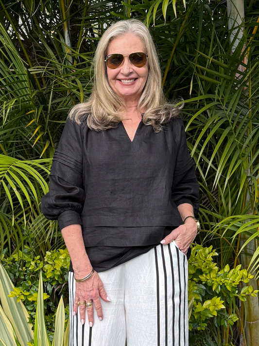 Image of a model wearing Tops. Product name - Kate Linen Top Black in Black colour by brand - Gordon Smith