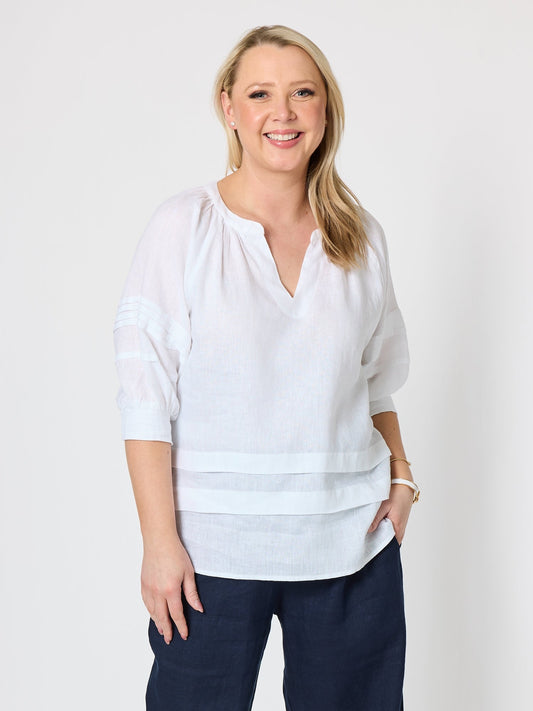 Image of a model wearing Tops. Product name - Kate Linen Top White in White colour by brand - Gordon Smith
