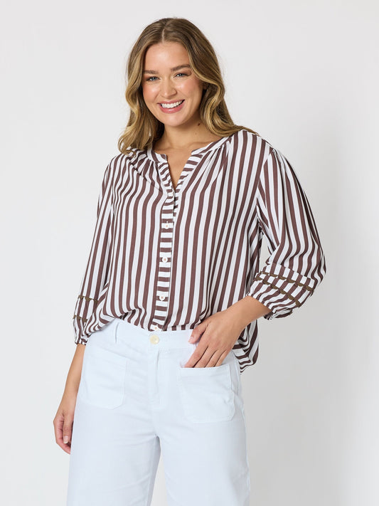 Image of a model wearing Tops. Product name - Montecito Stripe Print Top Coffee White in Coffee White colour by brand - Threadz