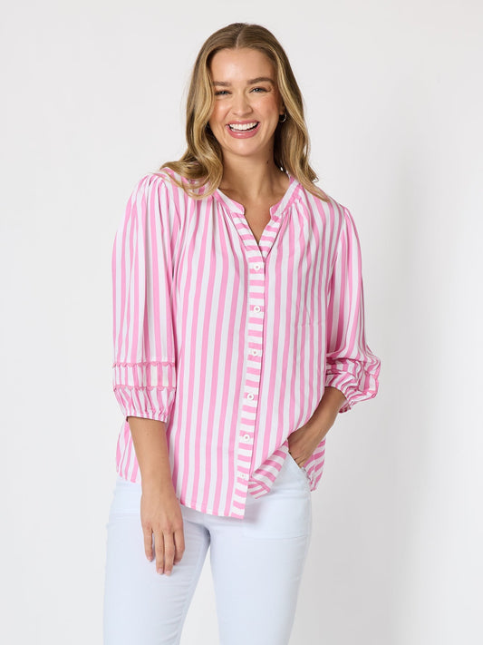 Image of a model wearing Tops. Product name - Montecito Stripe Print Top Lipstick White in Lipstick White colour by brand - Threadz