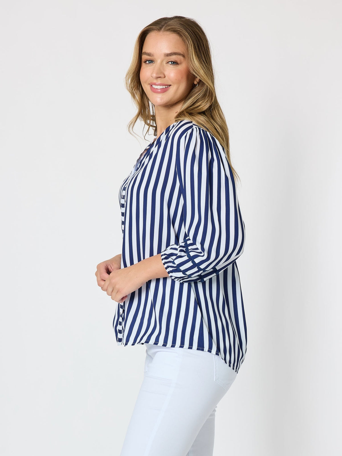 Threadz Montecito Stripe Print Top (Navy/White)