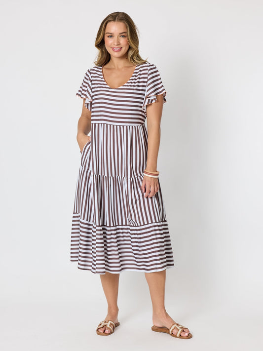 Image of Dresses. Product name - Kalahari Stripe Print Dress Coffee White in Coffee White colour by brand - Threadz