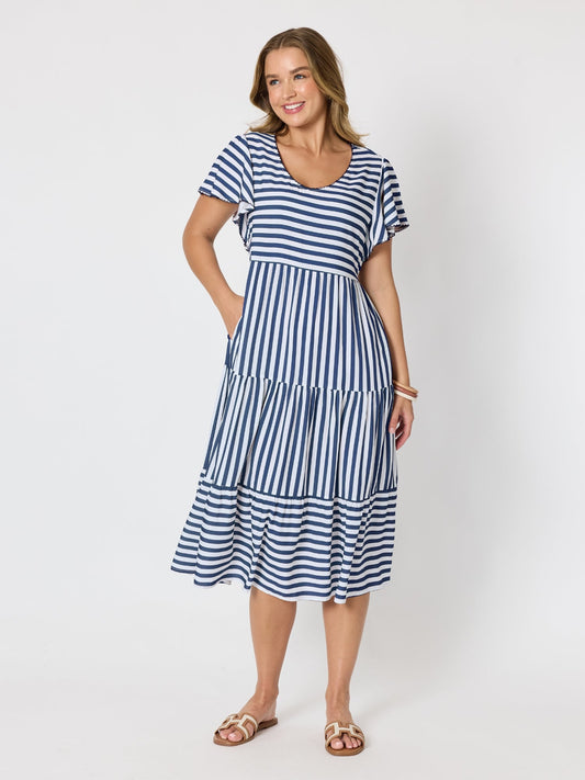 Image of Dresses. Product name - Kalahari Stripe Print Dress Navy/White in Navy/White colour by brand - Threadz