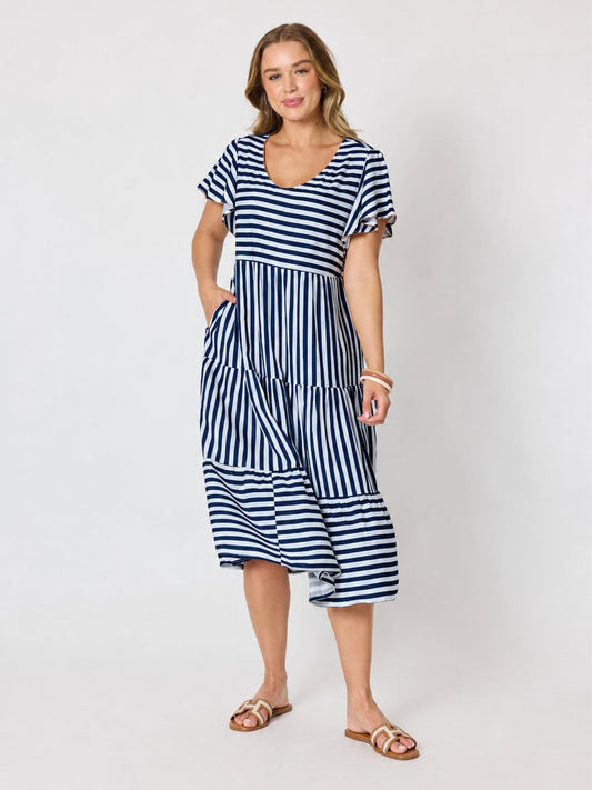 Image of Dresses. Product name - Kalahari Stripe Print Dress Navy/White in Navy/White colour by brand - Threadz
