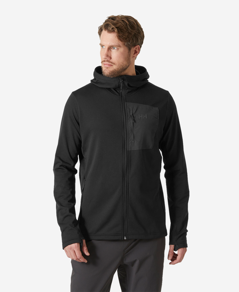 Image of a model wearing Outerwear. Product name - VERSALITE HOODED FLEECE JACKET, Black in Black colour by brand - Helly Hansen