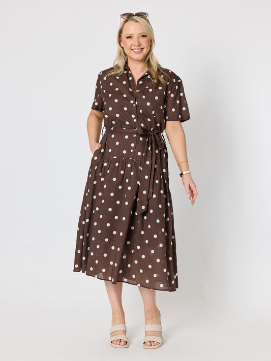 Image of Dresses. Product name - Riviera Spot Print Shirt Dress Coffee White in Coffee White colour by brand - Gordon Smith