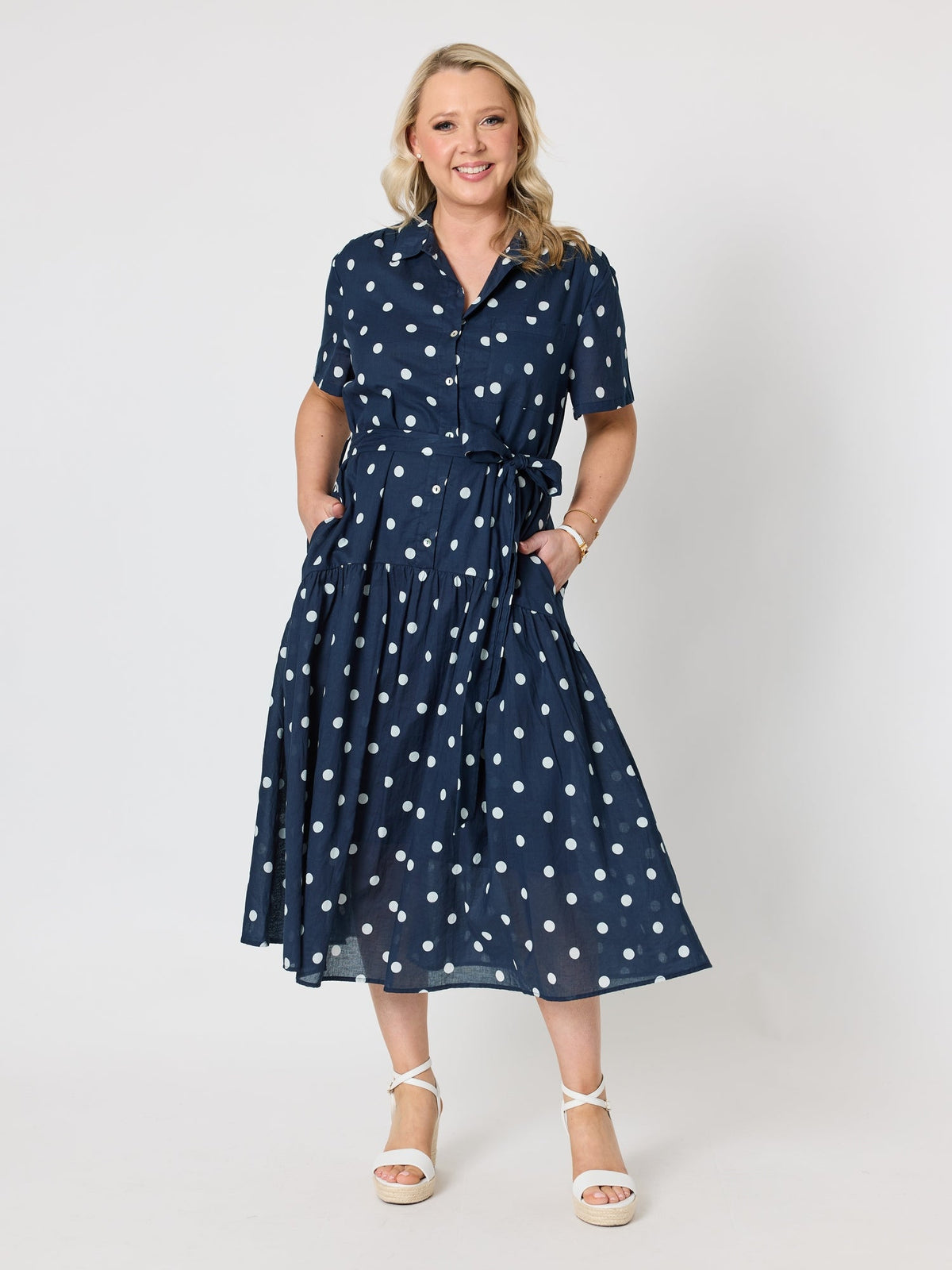 Image of Dresses. Product name - Riviera Spot Print Shirt Dress Navy/White in Navy/White colour by brand - Gordon Smith