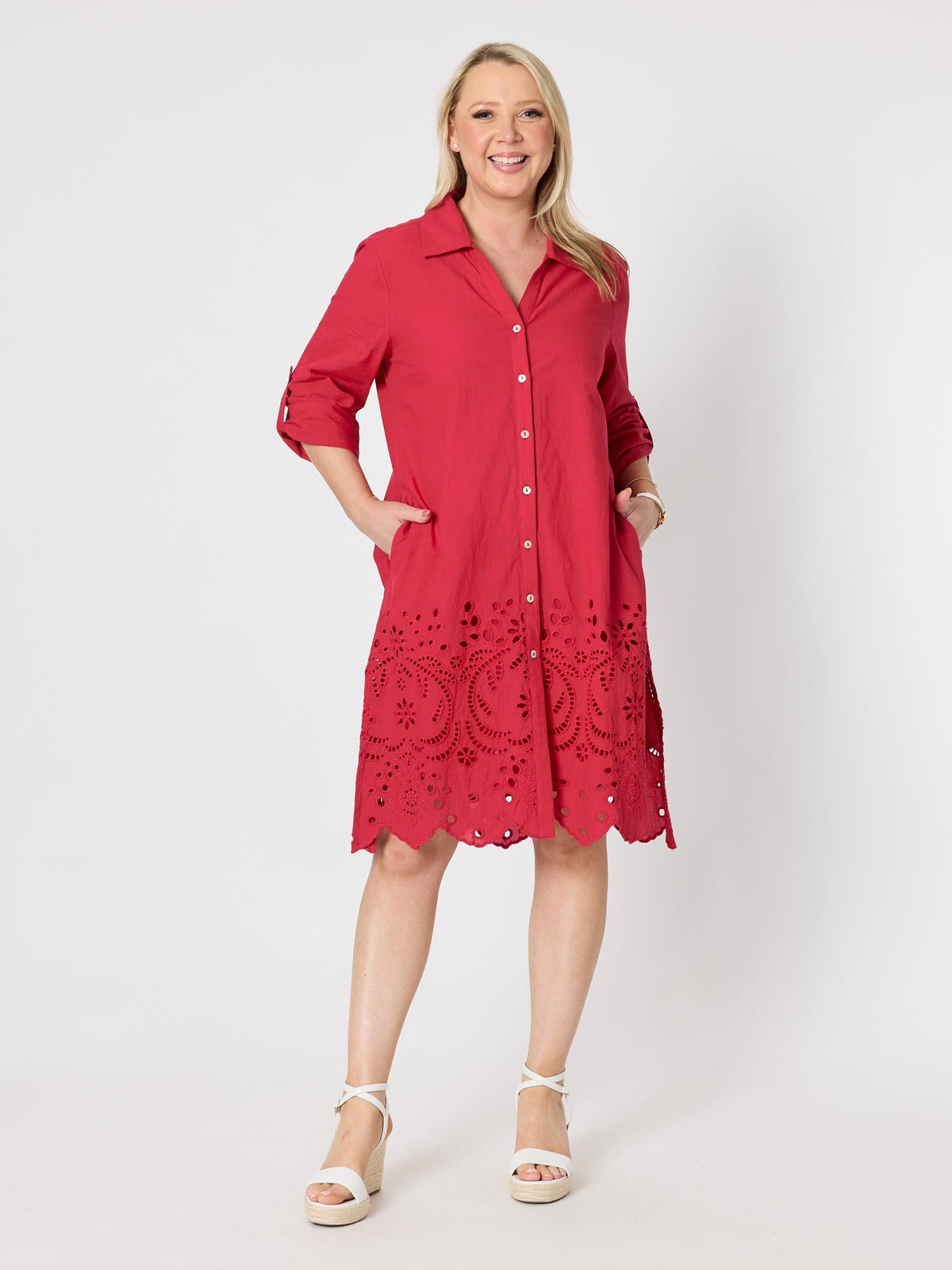 Image of Dresses. Product name - Riviera Cotton Broderie Dress Rouge in Rouge colour by brand - Gordon Smith